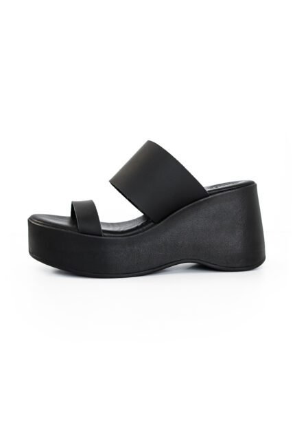 black Leather platform wedge slides for women handcrafted by Jirakis