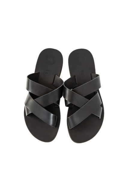 Handmade Greek leather sandals with crisscross straps for men in black