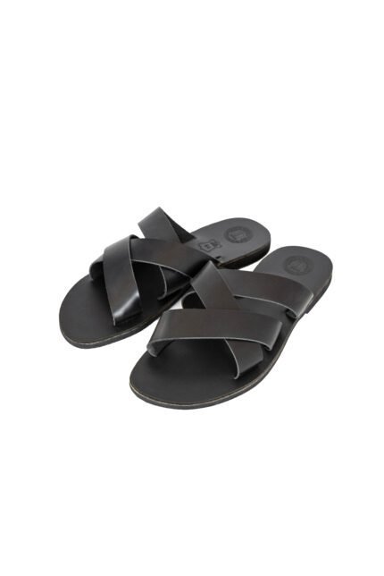Handmade Greek leather sandals with crisscross straps for men in black - side view