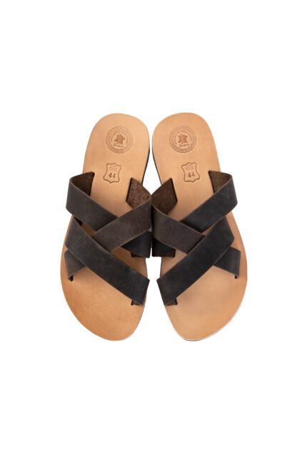 Handmade Greek leather sandals with crisscross straps for men in brown