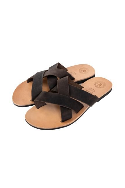 Handmade Greek leather sandals with crisscross straps for men in brown - sideview
