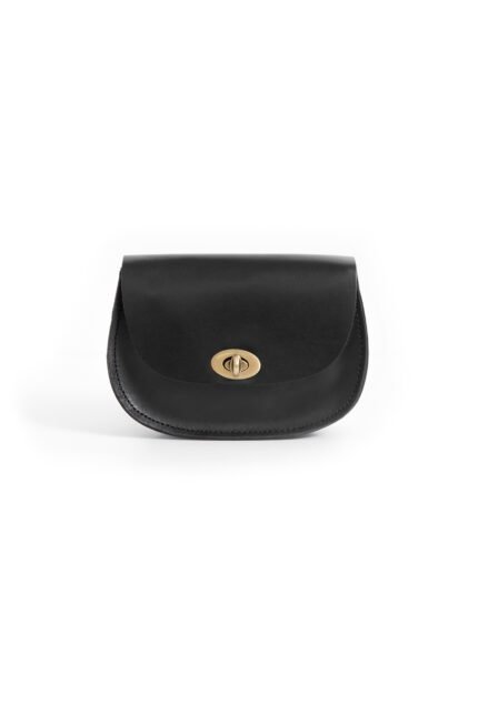 Black leather mini flap bag with turn lock closure
