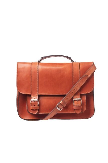 Tan leather business bag with classic flap and buckle straps, handcrafted by Jirakis Handcrafted Leather in Crete.