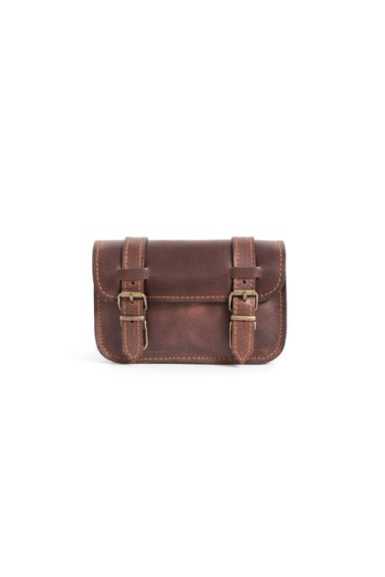 brown Compact leather buckle bag for women with secure double buckles and structured shape by Jirakis Leather.