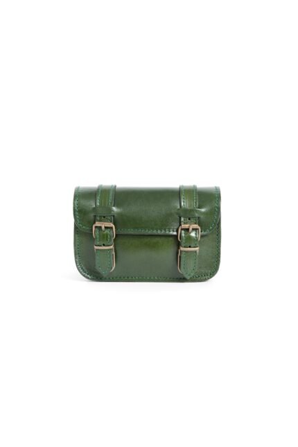 green Leather phone pouch for women with buckle flap, compact size and adjustable strap by Jirakis Leather.