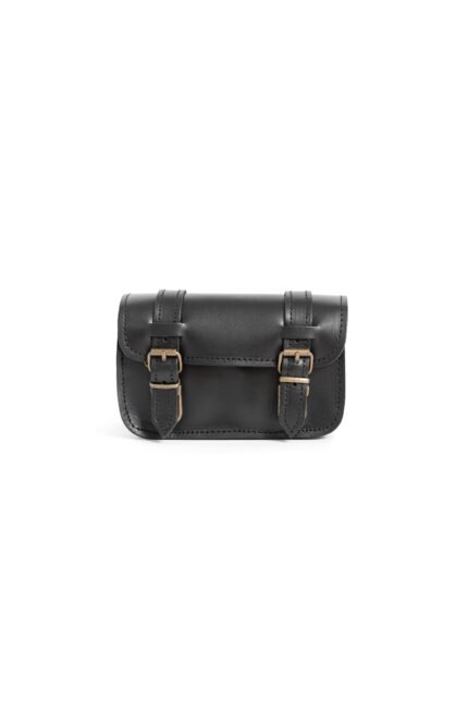 black Leather crossbody pouch for women with adjustable strap, secure buckle flap and structured shape by Jirakis Leather.