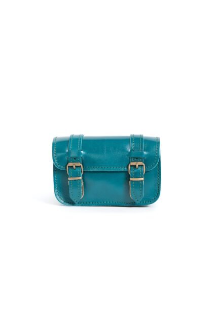 turquoise blue Leather pocket bag for women with buckle flap and slim crossbody strap by Jirakis Leather.
