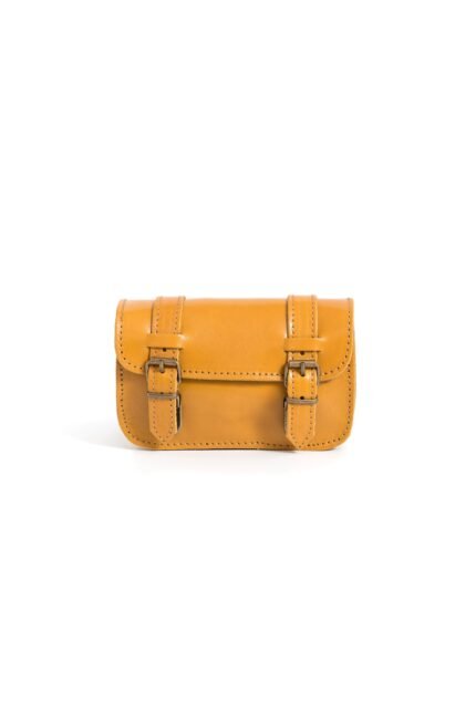 yellow Leather tool pouch for women with buckle flap, adjustable strap and compact design by Jirakis Leather.