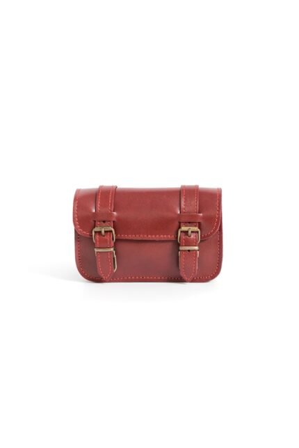 red Casual leather mini purse for women with flap closure, buckle detail and crossbody strap by Jirakis Leather.