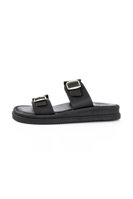 black leather ergonomic sandals for women with adjustable buckle straps, handcrafted by Jirakis Handcrafted Leather.