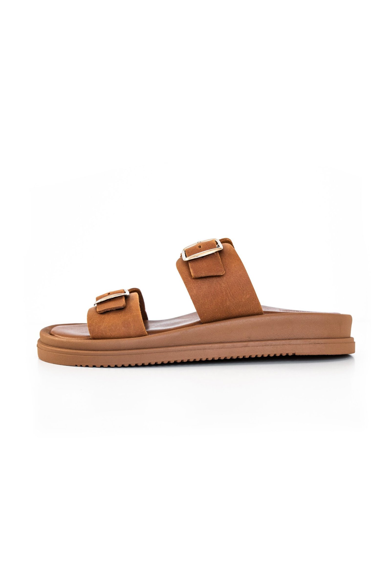 Beige leather thick sole slide sandals for women with adjustable wide-fit double straps, Jirakis Handcrafted Leather.