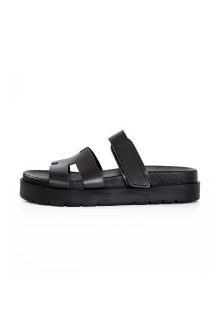 Black leather sandals with soft cushioned sole for women