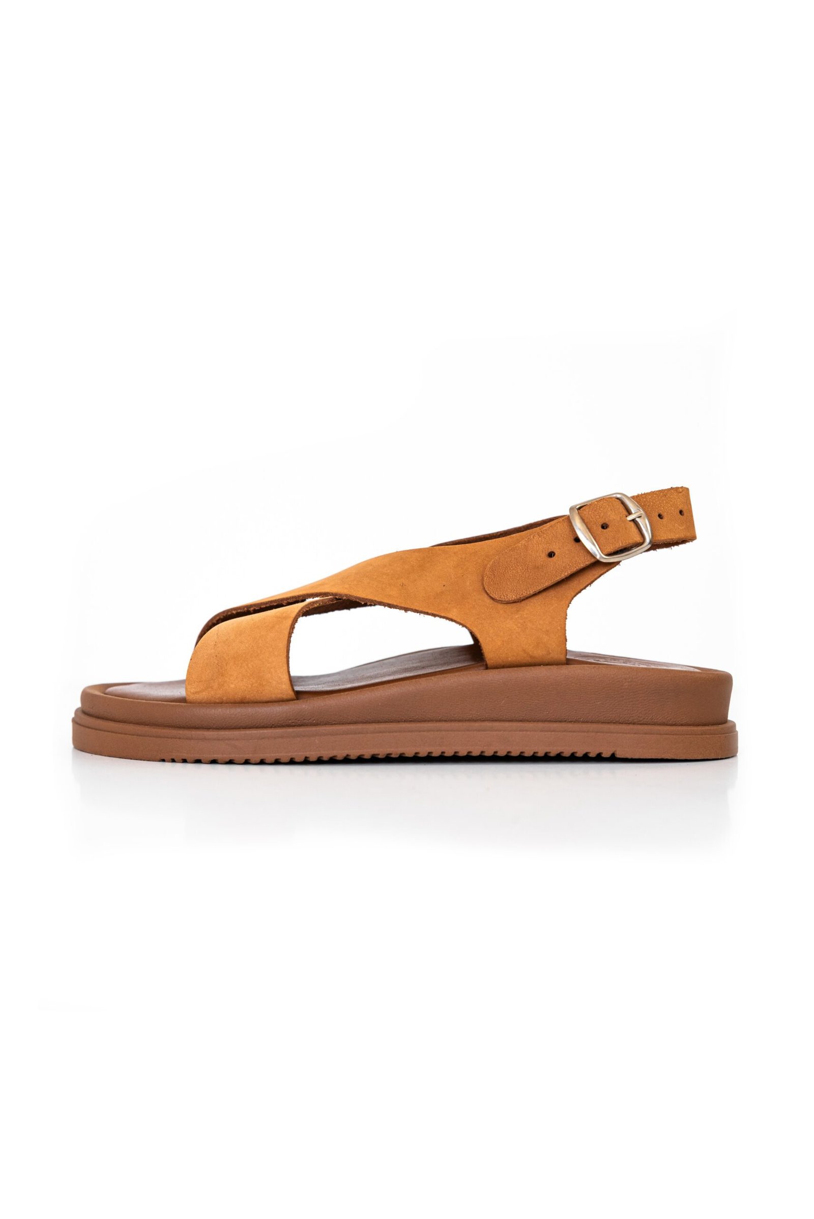 Wide-fit leather cross strap sandals for women with padded sole and adjustable buckle – Jirakis Handcrafted Leather.