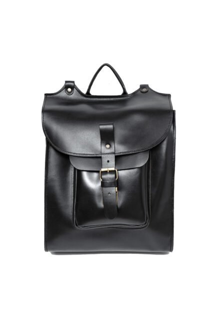 Black leather buckle backpack with front pocket and top handle, handcrafted by Jirakis Handcrafted Leather in Crete.