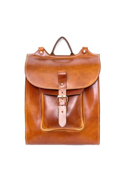 Brown leather satchel-style backpack with buckle front pocket, handcrafted by Jirakis Handcrafted Leather in Crete.