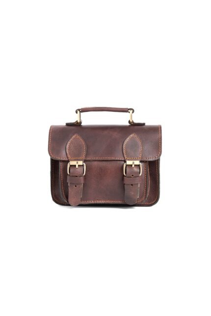 Brown wax Vintage-inspired leather satchel for women with double buckle closure and top handle by Jirakis Leather.