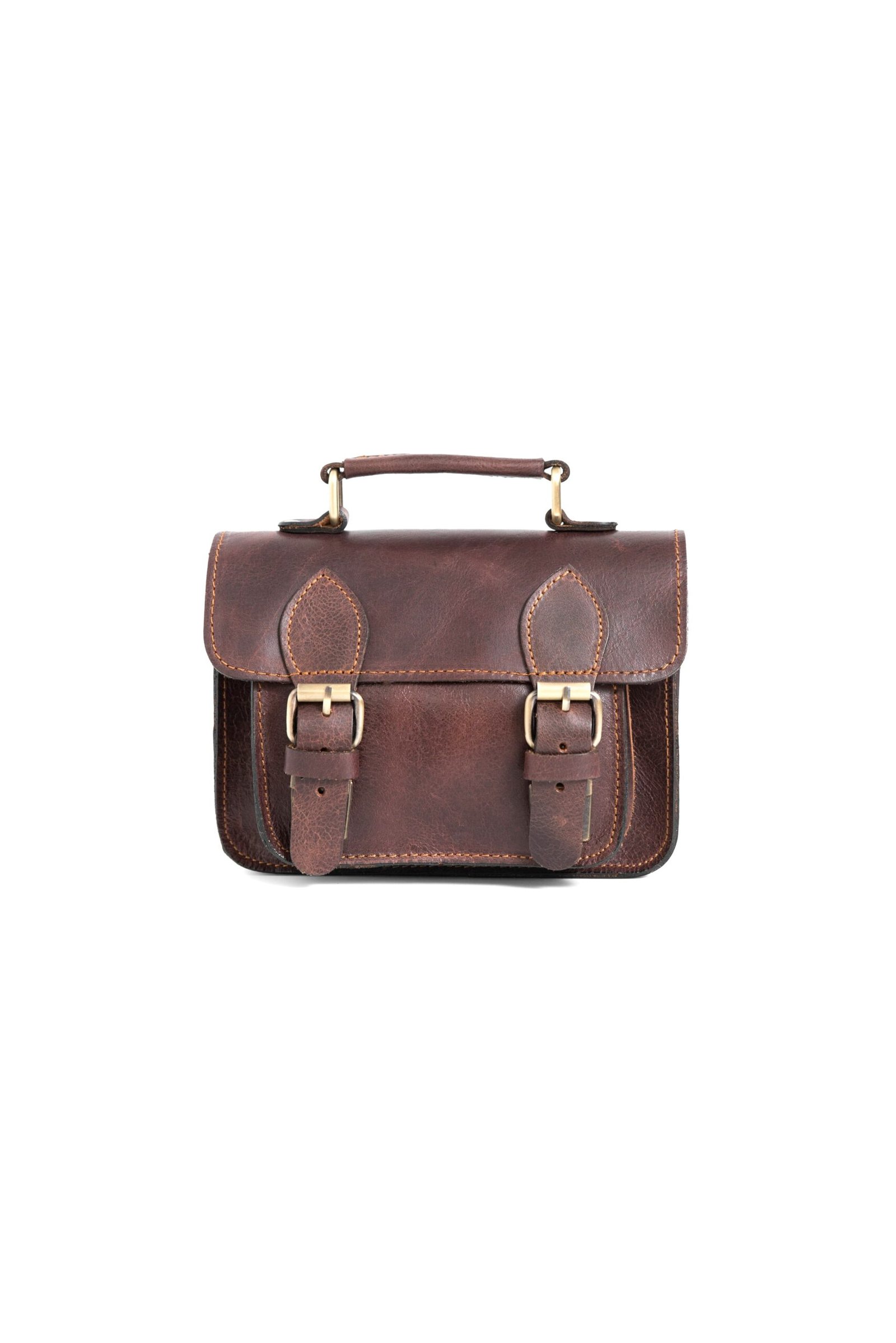 Brown wax Vintage-inspired leather satchel for women with double buckle closure and top handle Brown wax Vintage-inspired leather satchel for women with double buckle closure and top handle by Jirakis Leather.