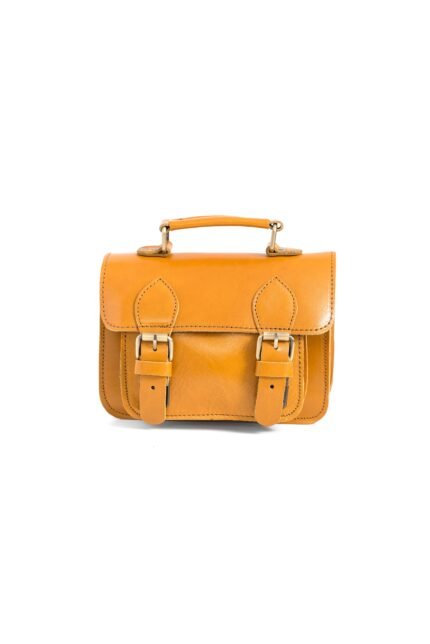 yellow Compact leather buckle bag for women with double front buckles, structured shape, and adjustable strap by Jirakis Leather.