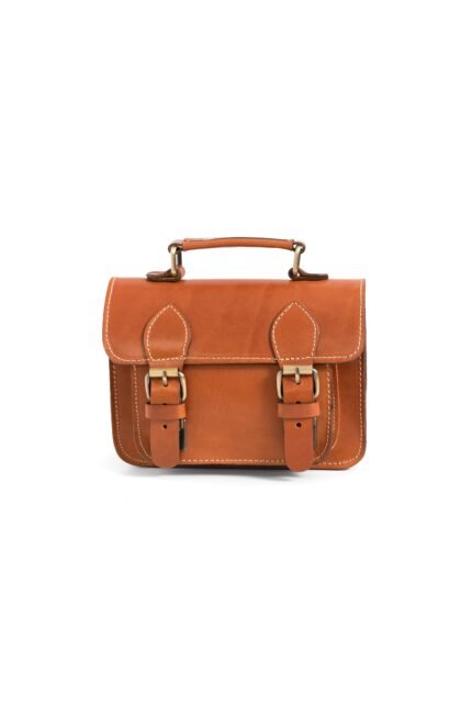 tan wax Compact structured leather mini satchel bag for women with top handle.