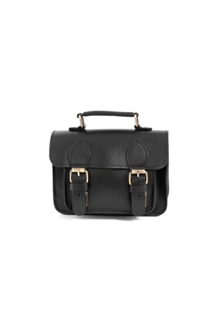 black everyday leather satchel with buckles for women, structured vintage style with top handle by Jirakis Leather.