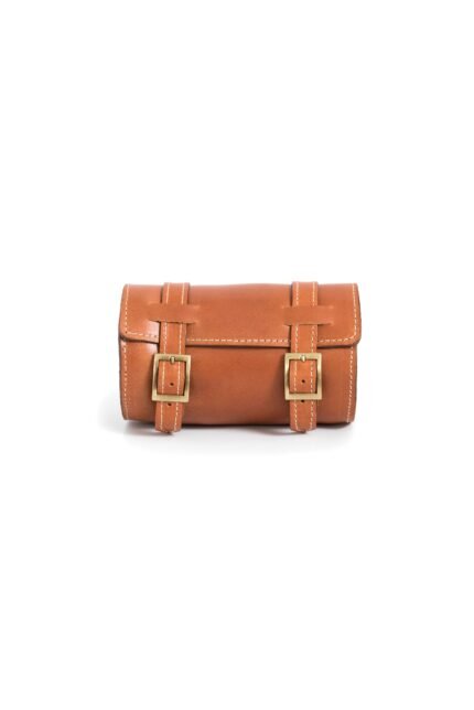 Tan wax Leather buckle pouch bag – small structured leather crossbody by Jirakis.