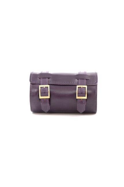 Purple Leather roll satchel with buckle closure and structured silhouette by Jirakis Leather.