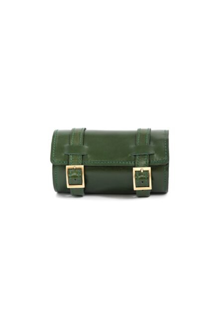 green Handcrafted leather mini roll bag with buckle strap and tube shape by Jirakis Leather.