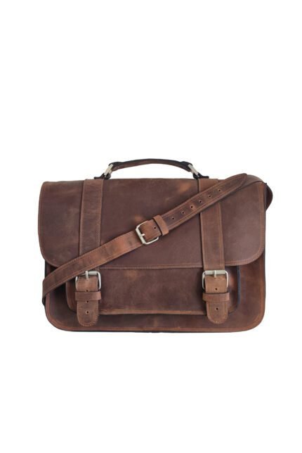 Dark brown leather briefcase with a flap and buckle straps, handcrafted by Jirakis Handcrafted Leather in Crete.