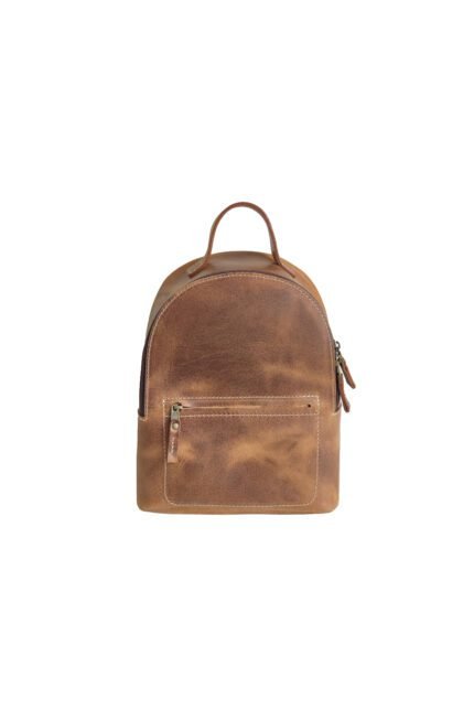 Rustic brown casual leather backpack with front zipper pocket.