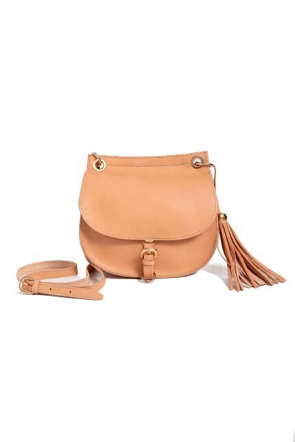 Small leather shoulder bag with buckle strap and tassel
