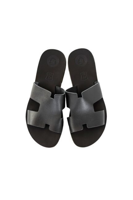 Handcrafted black leather sandals for men with broad cutout upper, inspired by Greek design