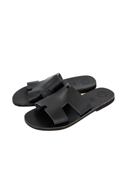 Handcrafted black leather sandals for men with broad cutout upper, inspired by Greek design - sideview