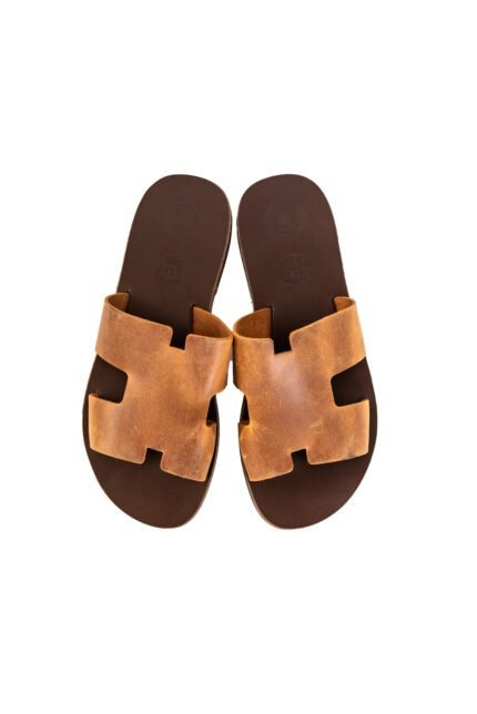 Handcrafted brown leather sandals for men with broad cutout upper, inspired by Greek design