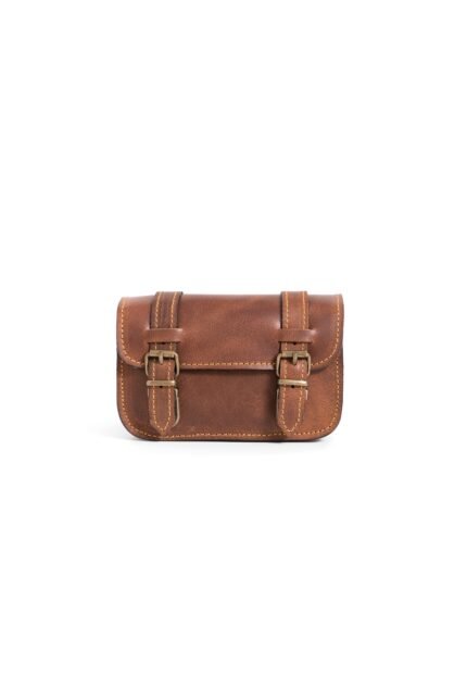 tan wax Leather mini buckle purse for women with secure flap and adjustable strap by Jirakis Leather.