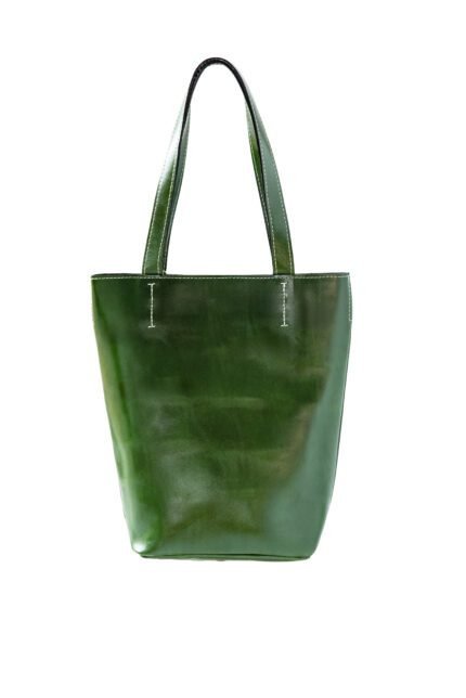 green Large Leather Tote Bag for Women, handmade spacious design for daily use.