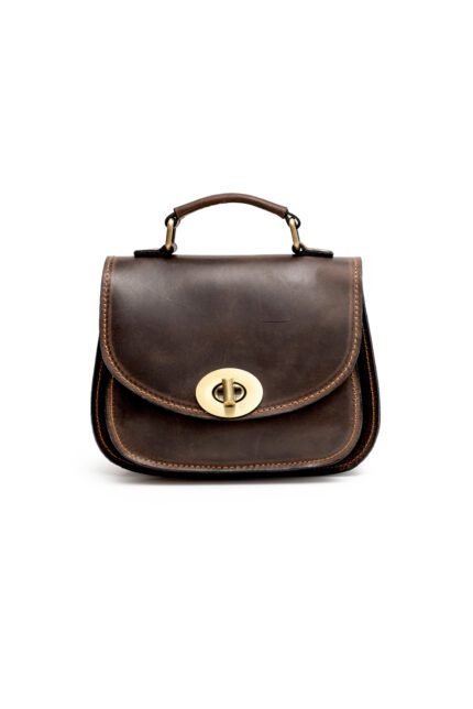 brown wax Leather turn lock crossbody for women with structured design and adjustable strap by Jirakis Leather.