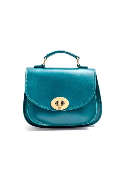 turquoise Leather structured purse for women with secure flap, buckle detail and classic shape by Jirakis Leather.