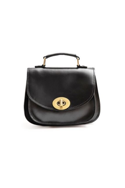black Leather everyday purse for women with secure flap, adjustable strap and structured design by Jirakis Leather.