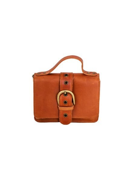 Small tan leather buckle mini bag with distinctive top handle and buckle strap, handcrafted by Jirakis Handcrafted Leather in Crete.
