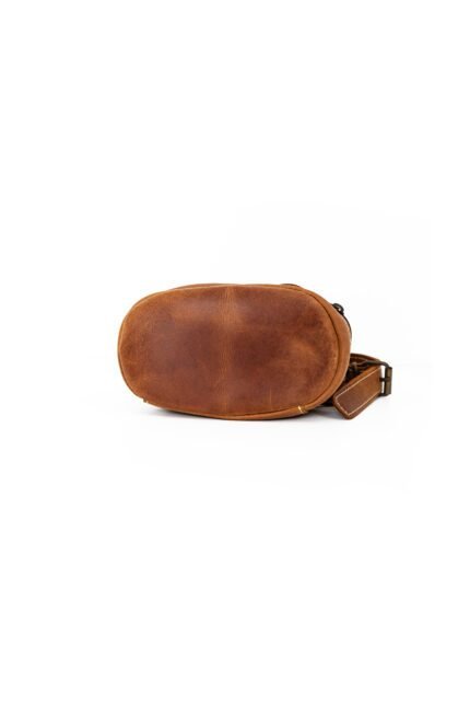 Brown genuine leather waist bag with adjustable strap, handcrafted by Jirakis Handcrafted Leather in Crete.