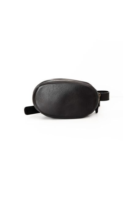 Black genuine leather bum bag with oval shape and adjustable strap, handcrafted by Jirakis Handcrafted Leather in Crete.