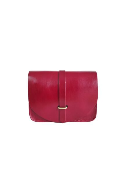 Minimalist leather flap crossbody bag in red, handcrafted by Jirakis Handcrafted Leather, shown on white background.