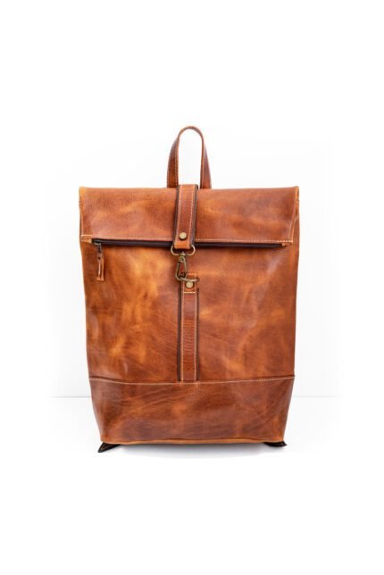 Handmade brown leather rolltop backpack with buckle for women and men, crafted in Crete
