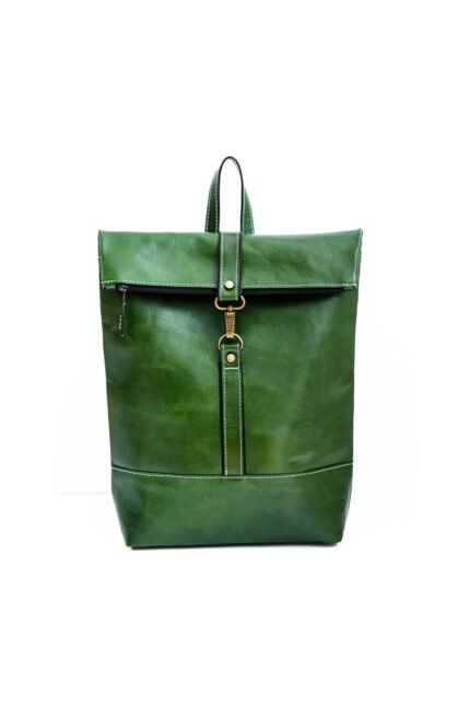 Handmade green leather rolltop backpack with buckle for women and men, crafted in Crete
