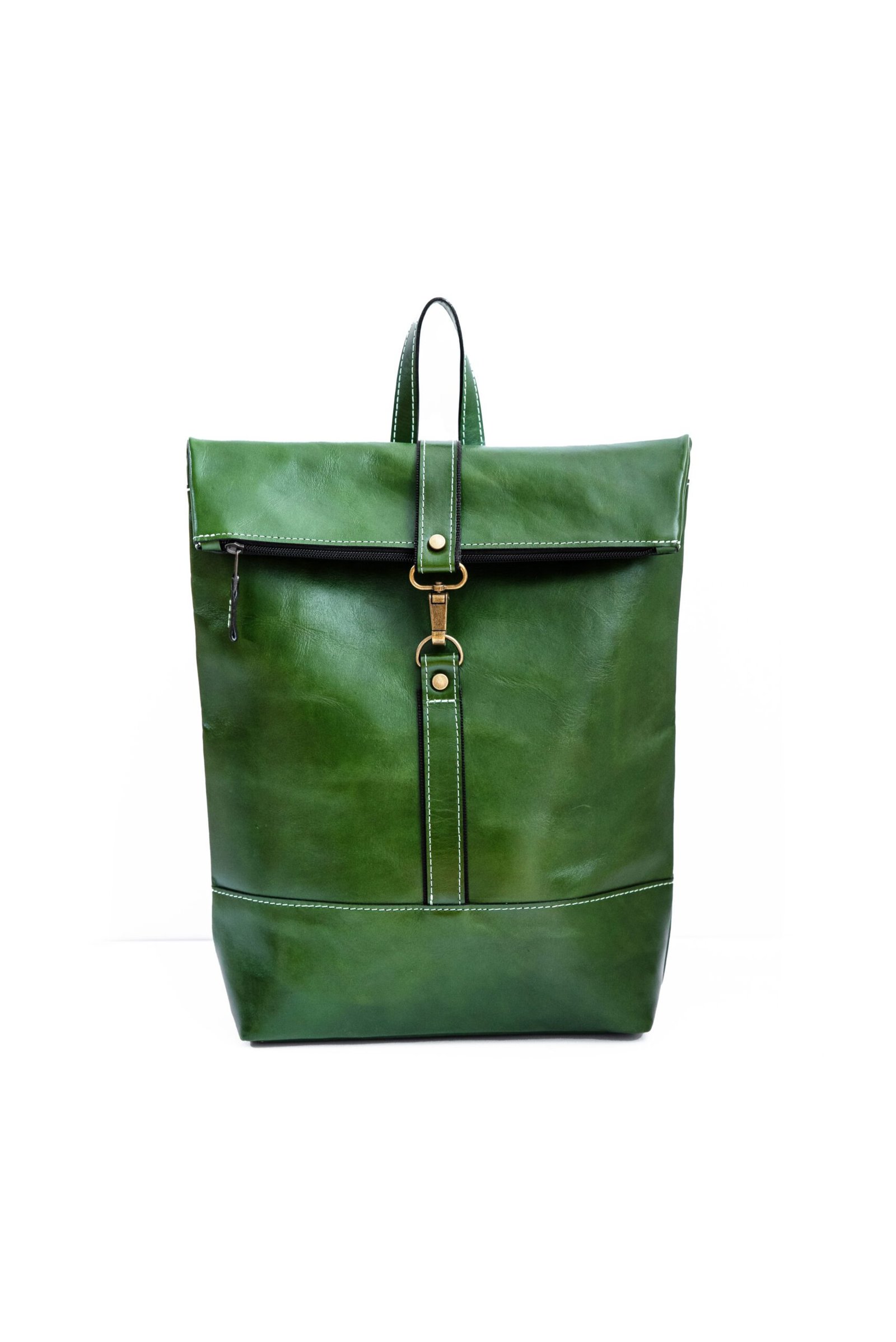 handmade-leather-backpack-rolltop-green Handmade green leather rolltop backpack with buckle for women and men, crafted in Crete