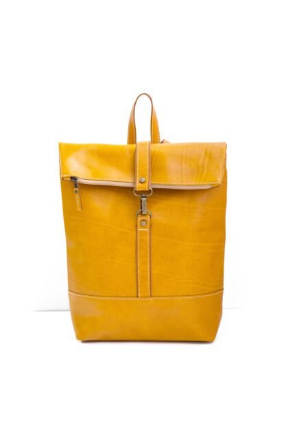 Handmade yellow leather rolltop backpack with buckle for women and men, crafted in Crete