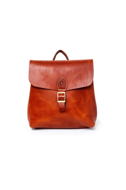 Classic brown leather everyday backpack with buckle flap, crafted by Jirakis Handcrafted Leather.