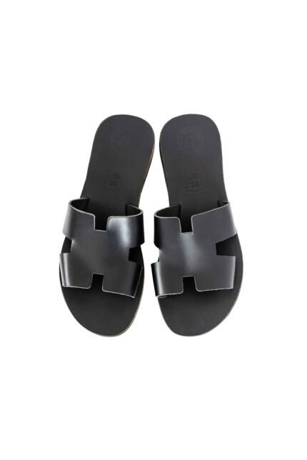 Black Leather Slide Sandals for Women – Zelos Flat, handcrafted Greek leather sandals by Jirakis