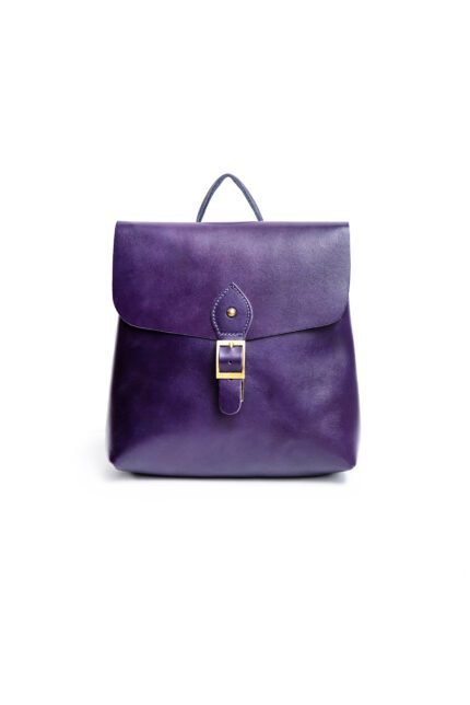 Deep purple leather secure flap backpack with buckle detail, handcrafted by Jirakis Handcrafted Leather, shown on white background.