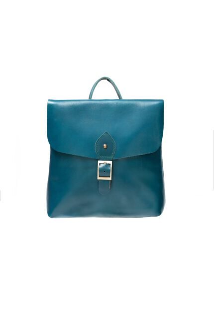 Handmade turquoise blue leather backpack for women with front buckle detail